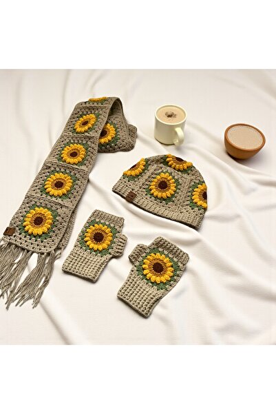 Satürn Hobi Knitted Sunflower Motif Scarf & Gloves & Beanie Set