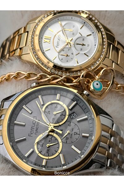 Ferrucci Couple Watches, Yellow Silver Color Steel Band, Gift in Separate Boxes with Bracelet Gift