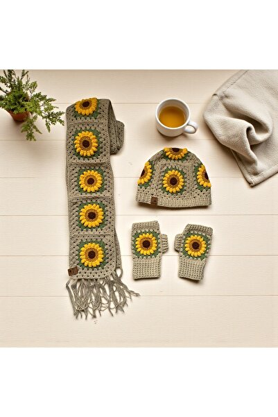 Satürn Hobi Knitted Sunflower Motif Scarf & Gloves & Beanie Set