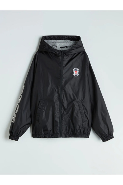 LC Waikiki Black Hooded Beşiktaş Printed Boy's Raincoat