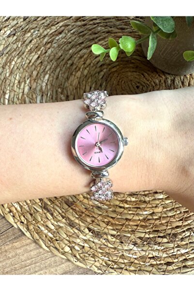 TD TRENDDURAGI ساعة يد نسائية فضية أنيقة مع داخل دائري وردي وحجر وردي