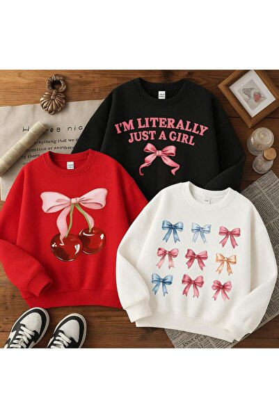 MODA Κοριτσίστικο μαύρο, λευκό, ροζ φούτερ με κορδέλες και στάμπα κεράσια, σε...