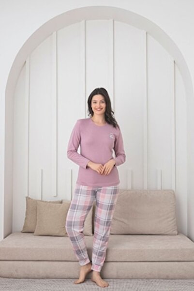 pamuklu - Pijama Dama, Maneca Lunga, Pantaloni Lungi, Bumbac, Mov Deschis, Marimea S