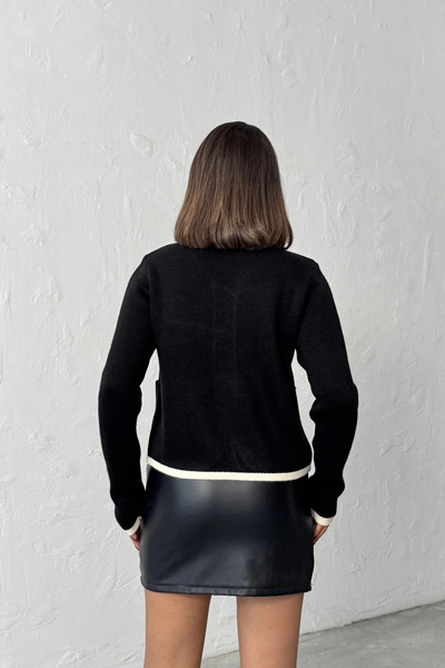 Lusin Women's Black Lace-Up Stylish Pocket Detail Elegant Knitwear Cardigan