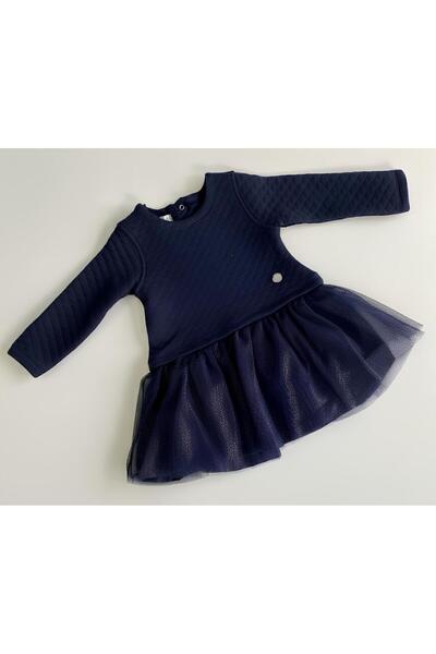 MonnaRossa Kız Bebek Kapitone Üst Tül Etekli Uzun Kollu Lacivert Elbise