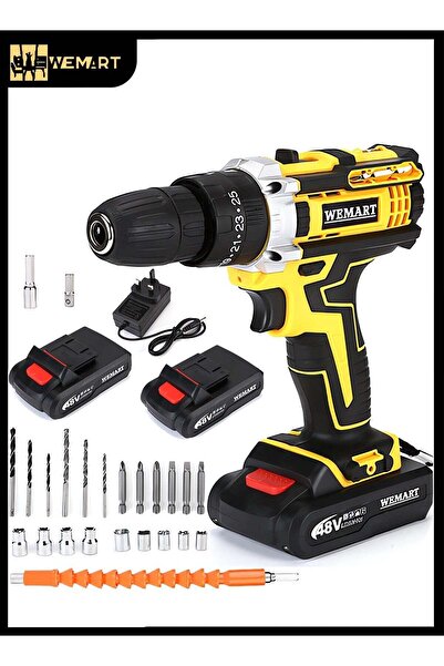 Wemart 48V Cordless Drill Kit with Lithium-ion Battery and Charger, Variable Speed, 24-Piece - Yello