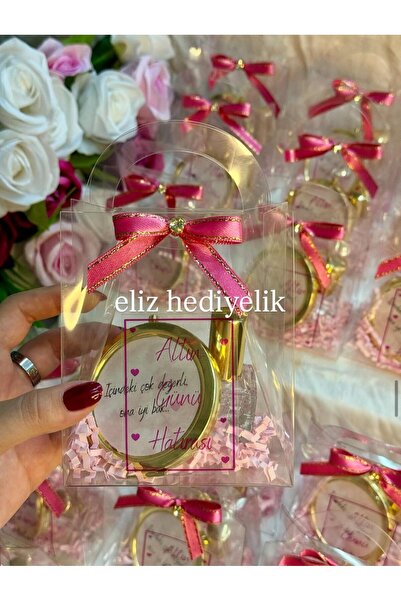 eliz 3 adet çantalı bride hediyelik set gold kapaklı ayna ve cam kolonya şişesi