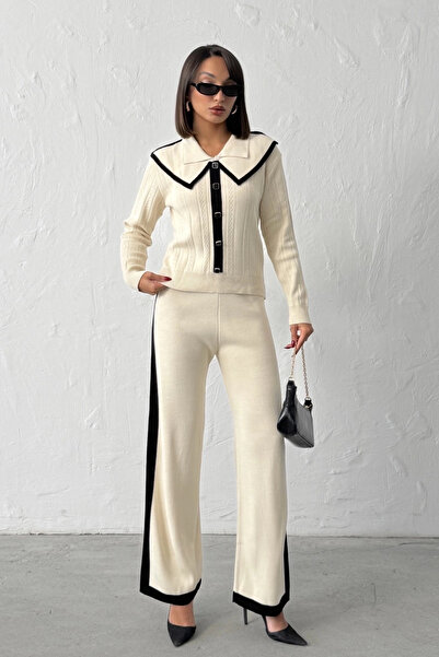 Lusin Women's Ecru Stylish Collar Detailed Buttoned Blouse Pants Bottom Top Two-Piece Knitwear Set