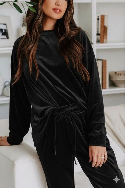 buğrahayalin Women's Long Sleeve Round Neck Velvet Blouse and Pants Set