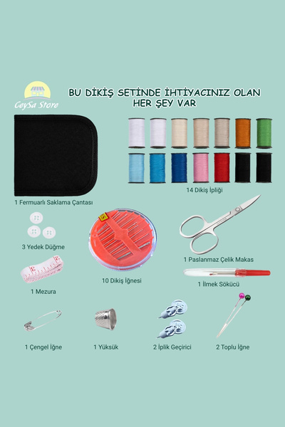 Ceysa Store Dikiş Seti, Taşınabilir Mini Acil Durum ve Seyehat Dikiş Kiti, İplik, İğne, Makas, Mezura Dahil
