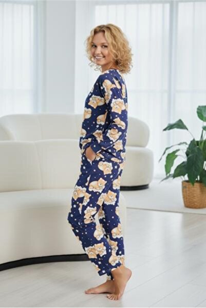 MORRO طقم ملابس منزلية بأكمام طويلة منقوشة على شكل دمية دب باللون الأزرق الداكن