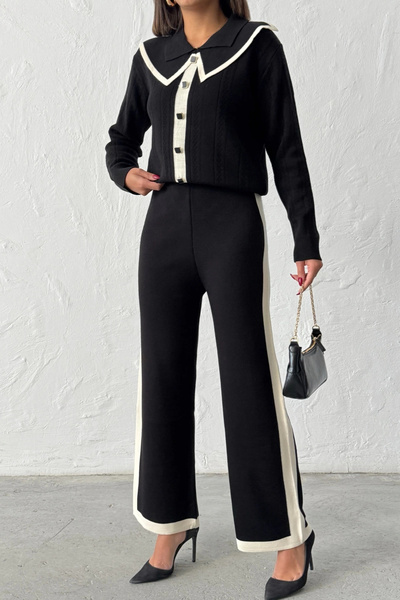 Lusin Women's Black Stylish Collar Detailed Buttoned Blouse Pants Bottom Top Two-Piece Knitwear Set