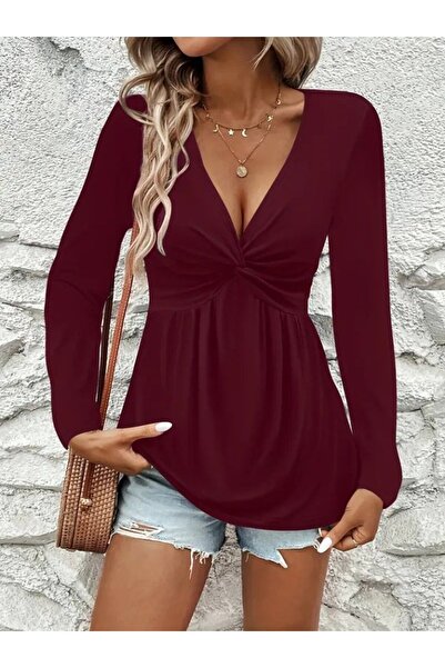 Shodiez Kadın Uzun Kollu Dekolteli Sarmal Detaylı Viskon Bluz