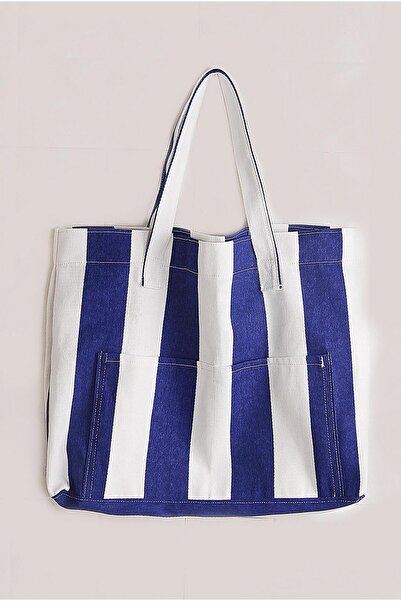 Toptan Bulurum Women's Canvas 2-Pocket Daily Colorful Beach Shoulder Bag Blue