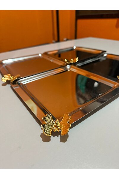 MGEStore Stainless Steel Silver Coffee, Tea, Decorative Presentation Serving Tray with 4 Butterfly Accessories
