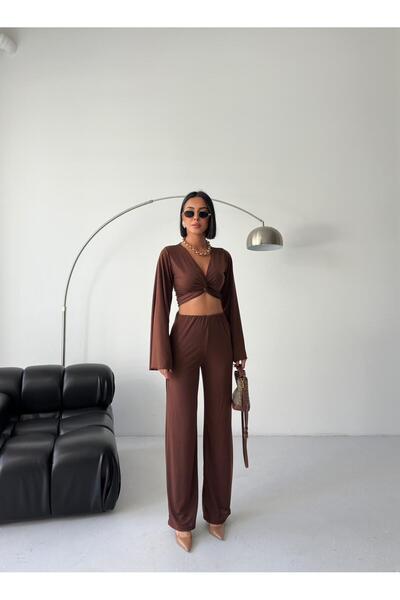 aytenli Σετ με λαιμόκοψη σε σχήμα V, μπροστινό στριφτό ισπανικό μανίκι, ελαστικό μέγεθος με τσέπες P παντελόνι palazzo u