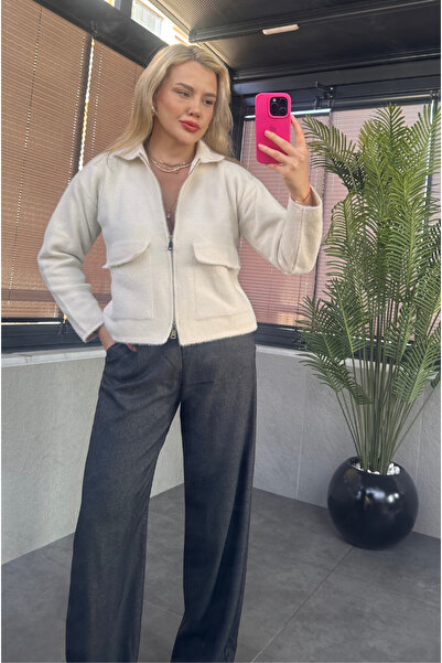 MİR STORE Ecru Zippered Pocket Detailed Bearded Cardigan