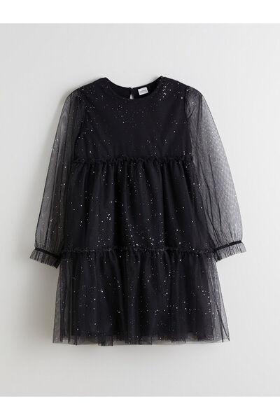 LC Waikiki Özmarka Yeni Sezon Bisiklet Yaka Işıltılı Kız Çocuk Elbise