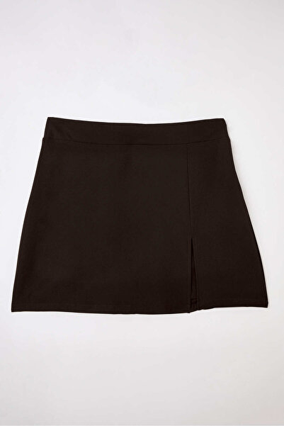 RUSK Büyük Beden Likralı Yırtmaçlı Şort Etek Acı Kahve