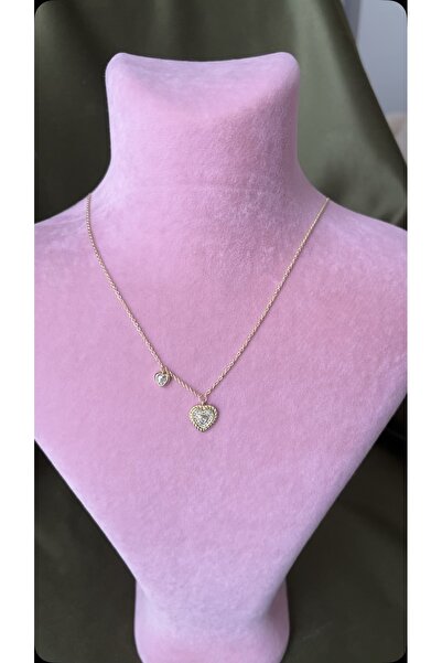 XUPING JEWELRY Zirkon taşlı minik iki kalp üçlü 14k altın rengi kolye