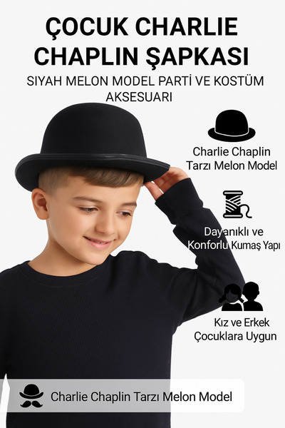Tamsena Store Çocuk Charlie Chaplin Şapkası – Siyah Melon Model Parti ve Kostüm Aksesuarı