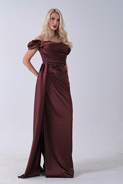 Feminist Drape Detaylı Saten Kumaş Abiye Elbise Kahve 9704858