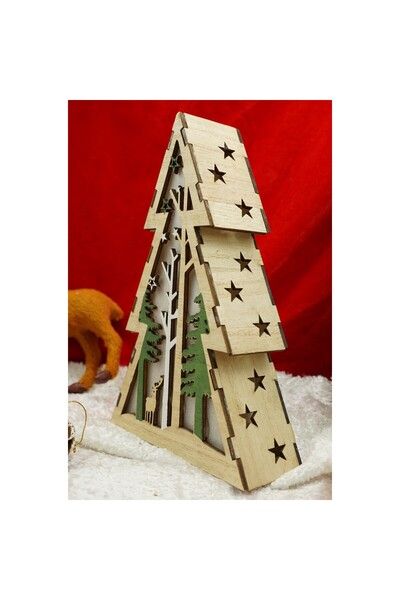 Bibilel Lighted fir tree decoration with winter landscape, brown, 14×5×20 cm, wood, indoor/outdoor