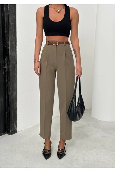 sstyle moda Cep kapaklı kemerli kumaş pantolon