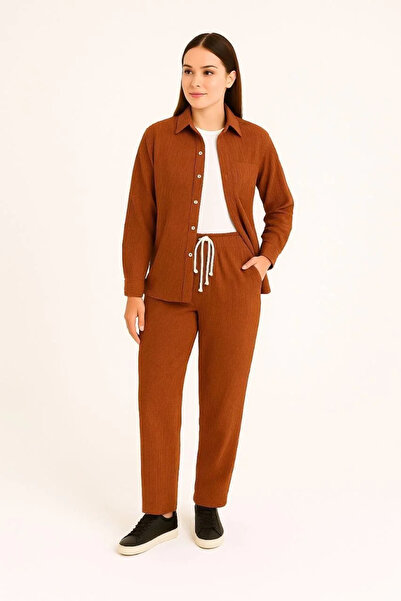 hibiscus Women's Corduroy Oversized Piece Set – Shirt and Pants Two-Piece Set Smoked Corduroy Elegance, Stay Comfortable and Elegant