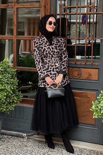 Kayra Leopar Desen Blazer Ceket Vizon