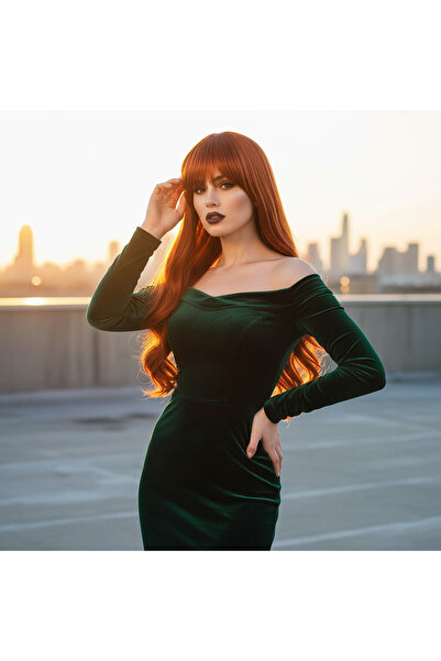 Marsilyan Kahküllü Uzun Dalgalı Fiber Sentetik Peruk - Bakır