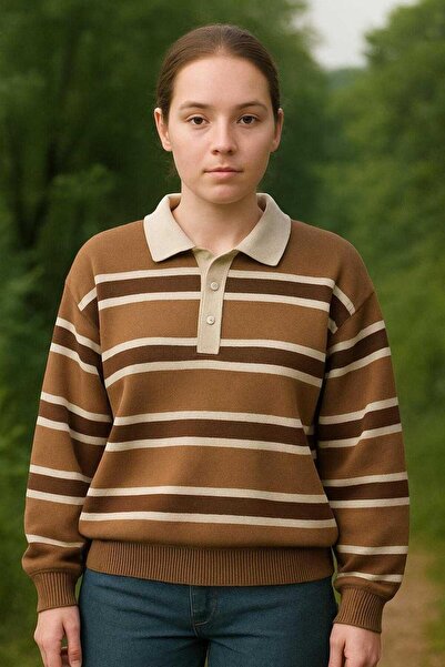 MOONBULL Women's Striped Polo Neck Winter Sweater