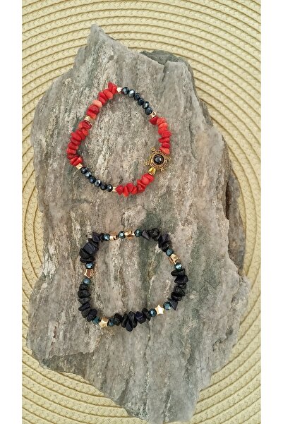 Cristaltree Brarata din cristale semipretioase de Coral rosu si Sandstone cu Hematit, cadou Craciun, Anul nou