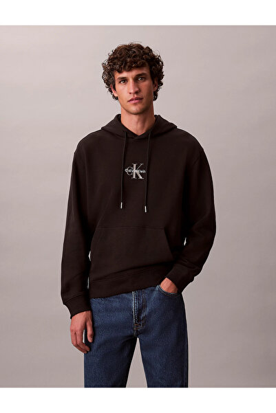 Calvin Klein Men's Comfortable Fit Ck Logo Printed Hooded Long Sleeve Black S...
