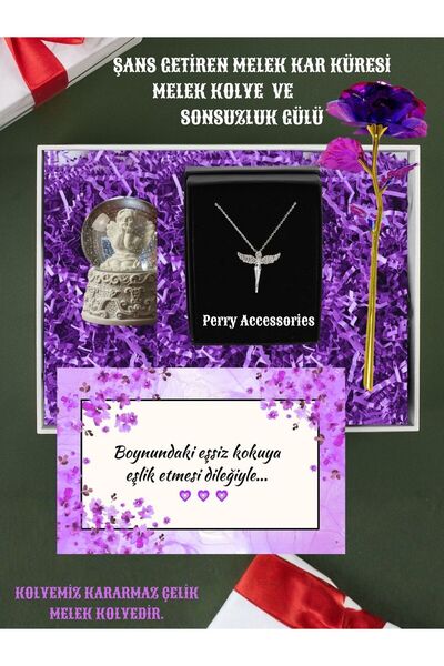 Perry Accesories kararmaz çelik melek kolye ve şans getiren melek kar küresi ve sonsuzluk gülü set hediye