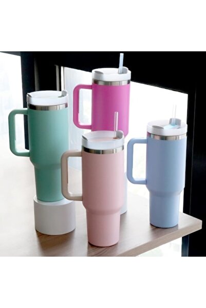 OEM Thermos mug with straw, 1200 ml, stainless steel, ergonomic handle, double wall, BPA free, multicolor