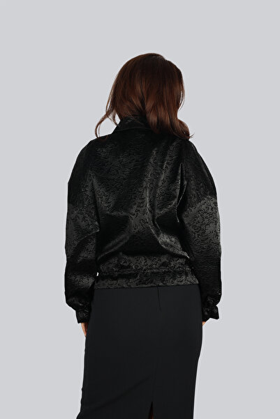 Ysatis Women's Comfortable Fit Patterned Shirt Collar Elastic Waist Long Sleeve Black Jacket Kys1000111-Black