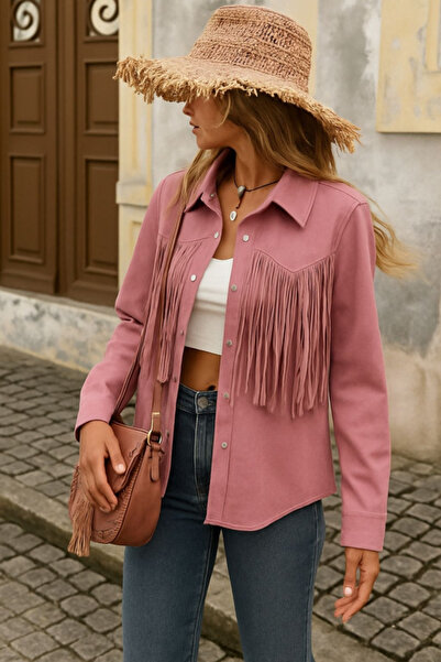 Sisa Butik İthal Scuba Süet Kumaş Lazer Püskül Kesim Ceket