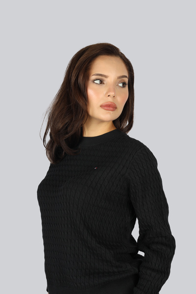 Tommy Hilfiger Kadın Normal Kalıp Ribana Yakalı Uzun Kollu %100 Pamuklu Örme Siyah Kazak WW0WW44993-BDS