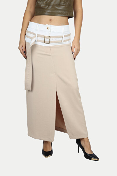 Berr-ın Women's Waist Belt Detailed Color Gradient Slit Beige Skirt 124Y03003102-Bej