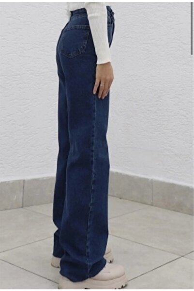 LİMABEL Elena 90's Dark Blue Casual Navy Palazzo Wideleg Jean Power Lycra Women's High Waist Denim Pants