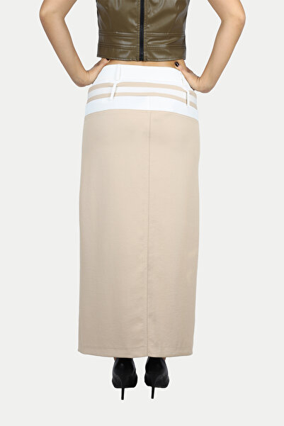 Berr-ın Women's Waist Belt Detailed Color Gradient Slit Beige Skirt 124Y03003102-Bej