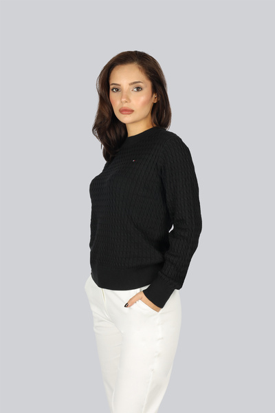 Tommy Hilfiger Kadın Normal Kalıp Ribana Yakalı Uzun Kollu %100 Pamuklu Örme Siyah Kazak WW0WW44993-BDS