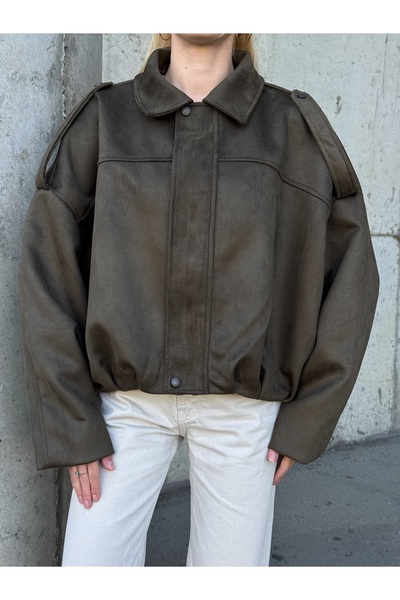 02Lady Fashion Oversized Suede Fabric Jacket with Epaulet Detail