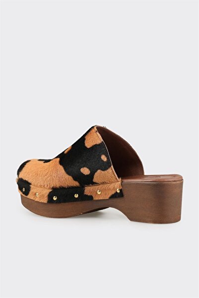 Elle Shoes Bej Hayvan Desenli Deri Kadın Terlik