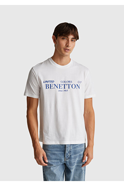 United Colors of Benetton Ανδρικό μπλουζάκι Relax Fit με λευκό 100% βαμβακερό...