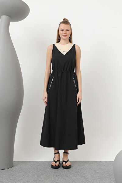 Soul Elastic Waist Embroidery Detailed Dress - 32147Elb - Black-Beige