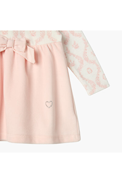 giggles Floral Print Long Sleeves Dress with Bow Detail and Button Closure