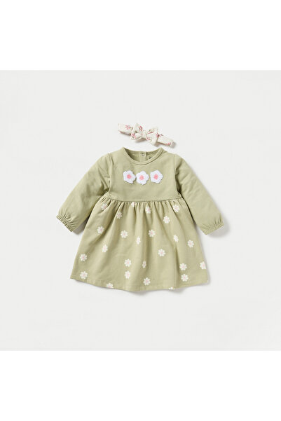 Juniors Floral Print A-line Dress with Long Sleeves and Headband