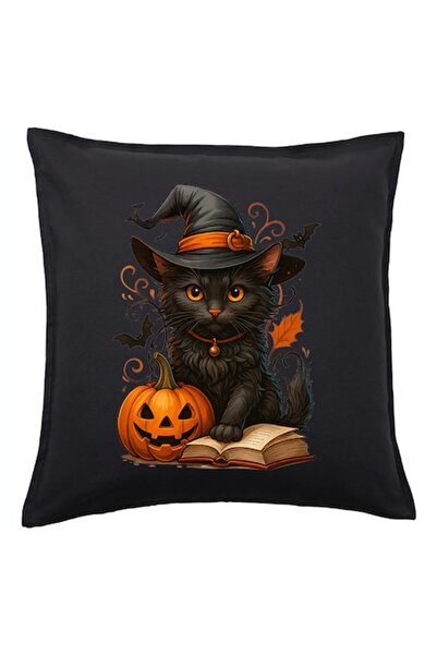 OEM Față de pernă Halloween - pisică neagră cu dovleac, neagră, 50x50 cm